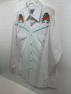 New Men’s ELY Diamond White Western Print Long Sleeve Pearl Snap Large V-35