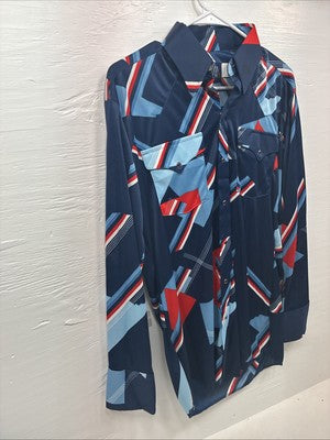 New Men’s Panhandle Slim Blue Red Design Long Sleeve Pearl Snap 15.5 Medium V-73