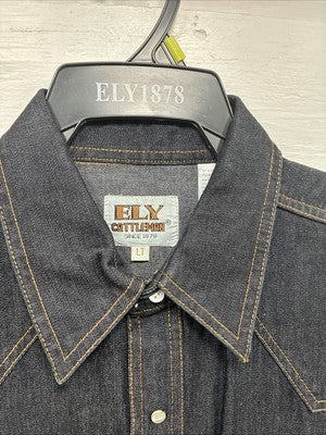 New Men’s ELY Cattleman Dark Jean Style Long Sleeve Pearl Snap Large Q-43