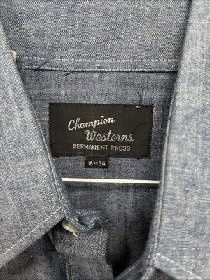 New Men’s Champion Western Jean Design Blue Long Sleeve Pearl Snap Large Q-88