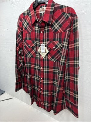 New Men’s ELY Cattleman Red Plaid Long Sleeve Pearl Snap XL O-55