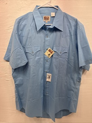 New Men’s ELY Cattleman Western Blue Simple Short Sleeve Pearl Snap 17 XL T-38