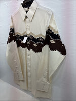 New Men’s White Horse Brown Western Print Long Sleeve Pearl Snap Large V-34