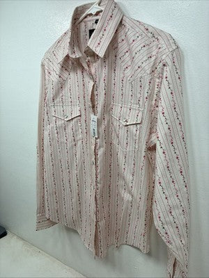 New Women’s White Horse White Red Floral Long Sleeve Pearl Snap Medium YY-58