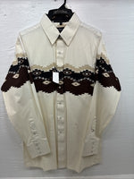 New Men’s White Horse Brown Western Print Long Sleeve Pearl Snap Large V-34