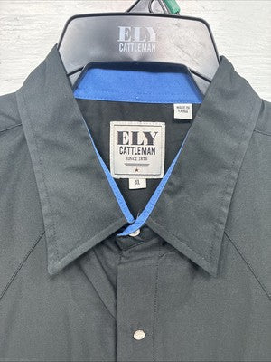 New Men’s ELY Cattleman Blue Black Horse Design Short Sleeve Pearl Snap XL T-17