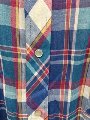 New Men’s ELY Cattleman Blue Multicolor Plaid Short Sleeve Pearl Snap XL M-52