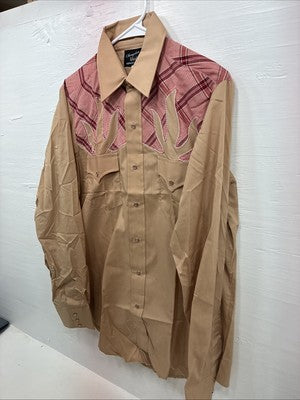New Men’s Champion Western Brown Pink Plaid Long Sleeve Pearl Snap 16 Large X-36