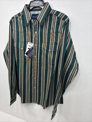 New Teens Wrangler Green Yellow Stripe Long Sleeve Pearl Snap XL DD-64