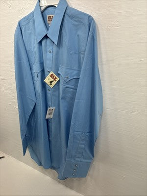 New Men’s ELY Cattleman Blue Simple Long Sleeve Pearl Snap 17.5 X 35 XL O-57
