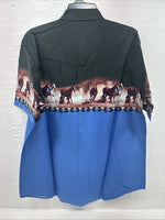 New Men’s ELY Cattleman Blue Black Horse Design Short Sleeve Pearl Snap XL T-17
