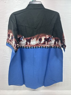 New Men’s ELY Cattleman Blue Black Horse Design Short Sleeve Pearl Snap XL T-17