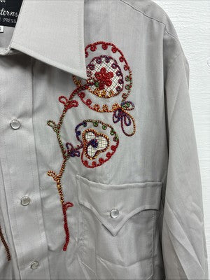New Men’s Champion Western Gray Embroidered Long Sleeve Pearl Snap Large Q-55