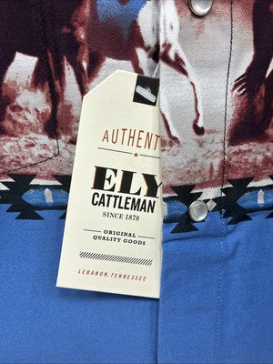 New Men’s ELY Cattleman Blue Black Horse Design Short Sleeve Pearl Snap XL T-17