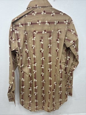 New Men’s ELY Plains Tan Red Floral Long Sleeve Pearl Snap Size 14.5 Small GG-7