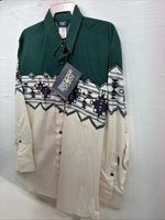 New Men’s Brooks & Dunn Tan Green Western Long Sleeve Button Up 17.5 XL T-8
