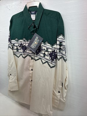New Men’s Brooks & Dunn Tan Green Western Long Sleeve Button Up 17.5 XL T-8
