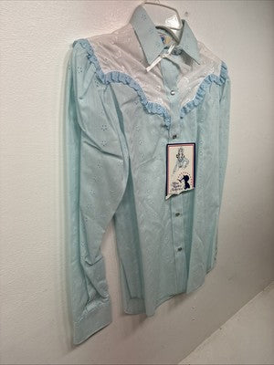 New Women’s Miss Rodeo Blue Ruffled Long Sleeve Pearl Snap Small KK-21