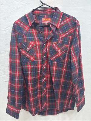 New Men’s ELY Plains Red Blue Plaid Long Sleeve Pearl Snap 16.5 Large V-96