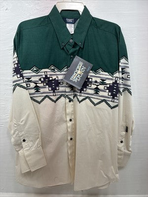 New Men’s Brooks & Dunn Tan Green Western Long Sleeve Button Up 17.5 XL T-8