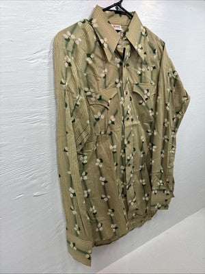 New Men’s ELY Plains Yellow Green Floral Long Sleeve Pearl Snap 15.5 Medium T-11