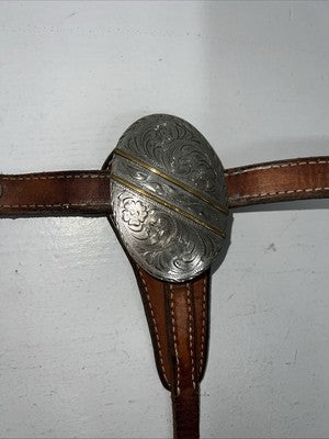 Used Leather Circle Y Breast Collar With Silver Metal Plate. S-47