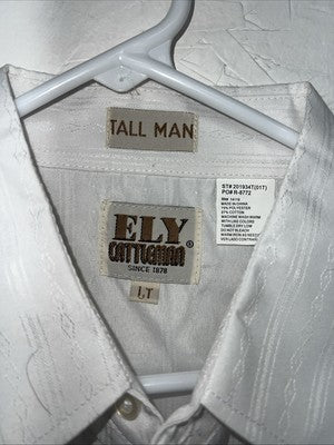 New Men’s White ELY Cattleman Long Sleeve Pearl Snap Shirt. Tall Large P-58