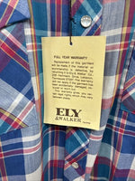 New Men’s ELY Cattleman Blue Multicolor Plaid Short Sleeve Pearl Snap Large Q-93