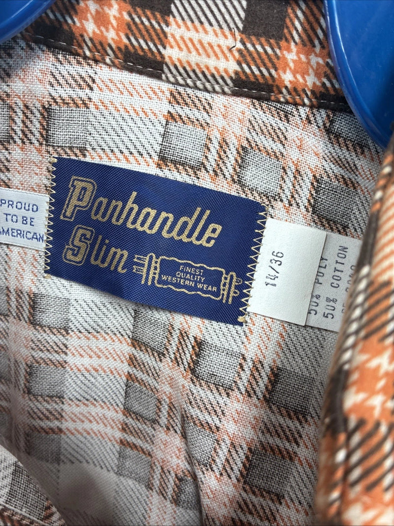 New Men’s Panhandle Slim Orange Brown Plaid Long Sleeve Pearl Snap Small J-65