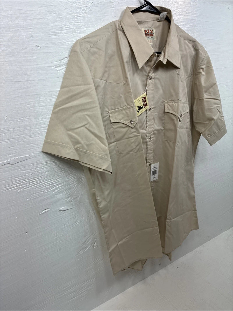 New Men’s ELY Cattleman Tan Short Sleeve Pearl Snap 16.5 Large CC-7
