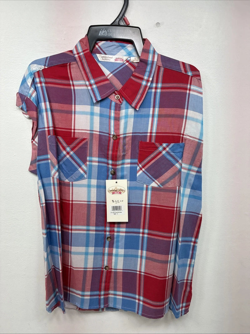 New Women’s Cumberland Red Blue Plaid Short Sleeve Button Up Small DD-106