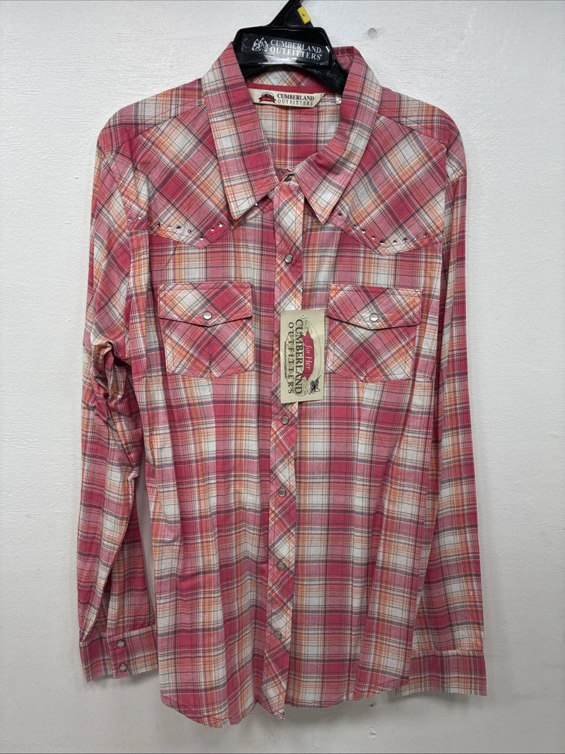 New Women’s Cumberland Pink Plaid Long Sleeve Pearl Snap Large GG-75