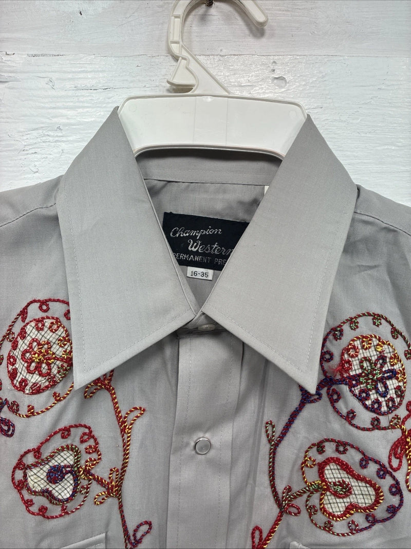 New Men’s Champion Westerns Gray Embroidered Long Sleeve Pearl Snap Large Q-101