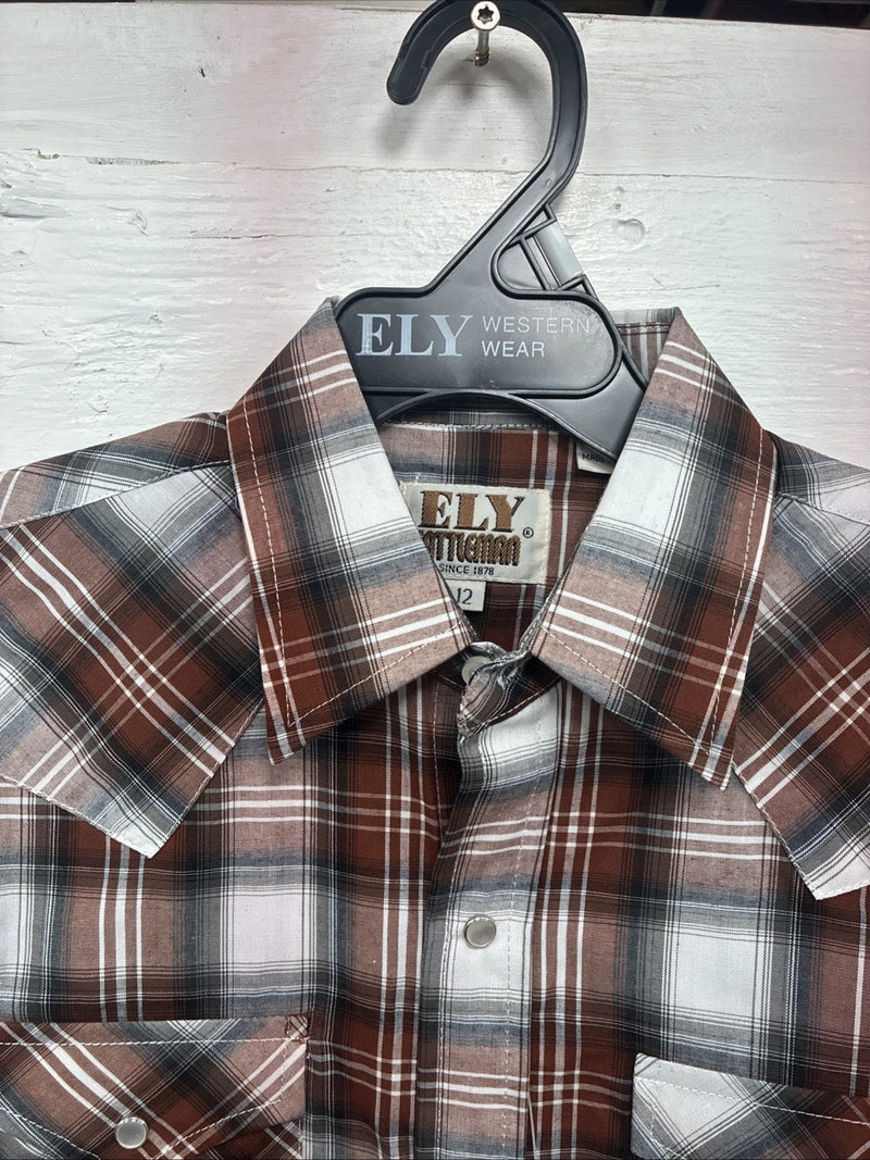 New Kids ELY Cattleman Orange Plaid Long Sleeve Pearl Snap Size 12 DD-37