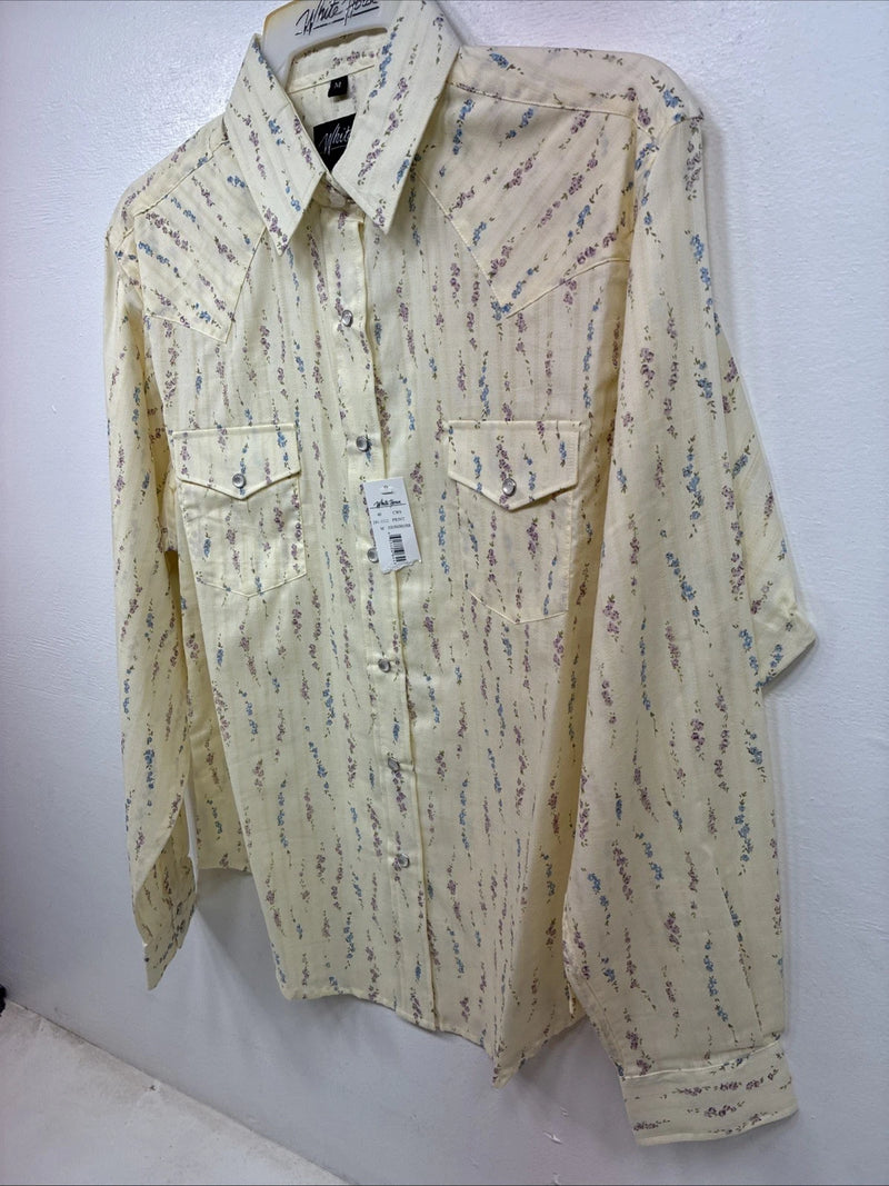 New Women’s White Horse Yellow Floral Long Sleeve Pearl Snap Medium YY-126