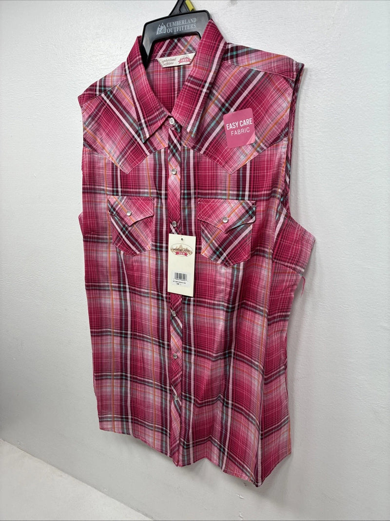 New Women’s Cumberland Pink Plaid Short Sleeve Pearl Snap Large GG-27