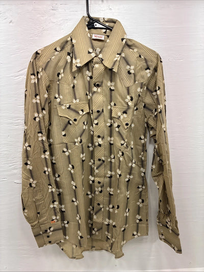 New Men’s ELY Plains Yellow Black Floral Long Sleeve Pearl Snap 15.5 Medium T-14