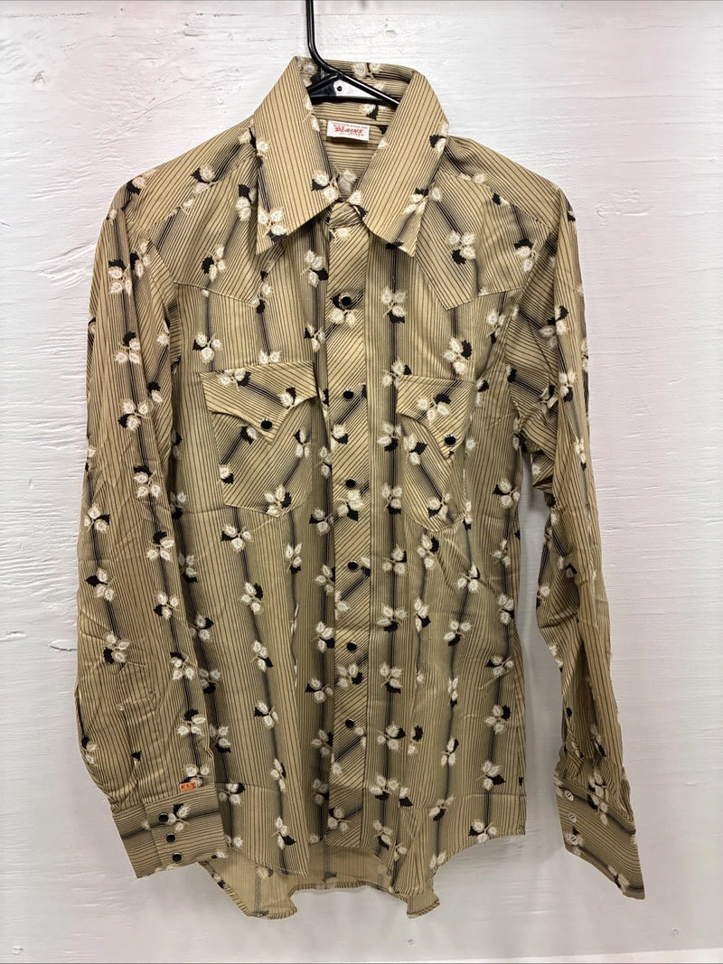 New Men’s ELY Plains Yellow Black Floral Long Sleeve Pearl Snap 15.5 Medium T-14