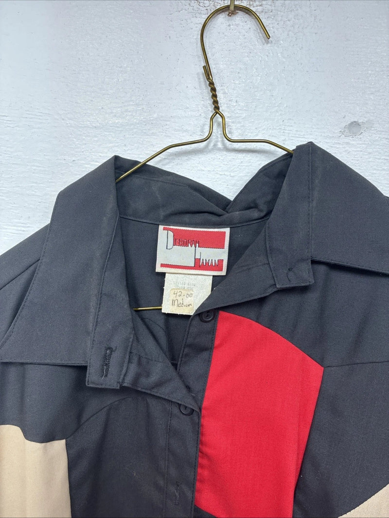 New Women’s Deborah Haman Red Black Tan Long Sleeve Button Up Medium YY-97