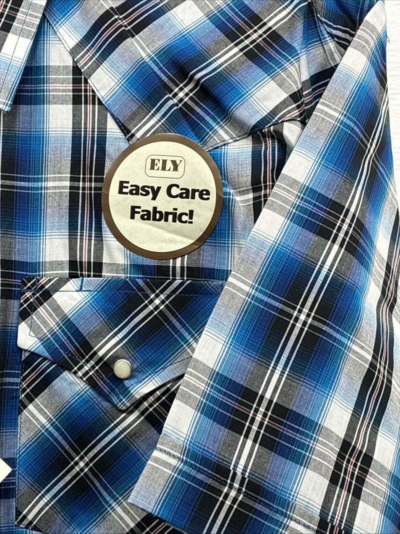 New Men’s ELY Cattleman Blue Western Flannel Short Sleeve Pearl Snap 4XL E-73