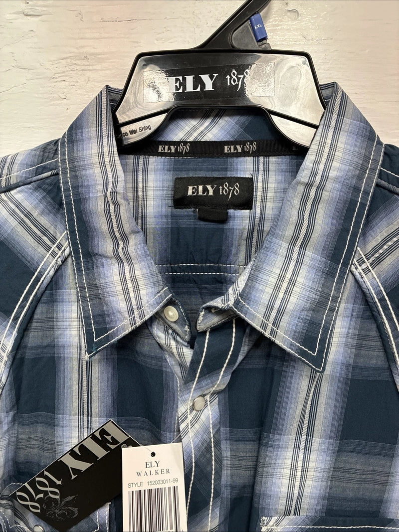 New Men’s ELY 1878 Blue Flannel Long Sleeve Pearl Snap 2XL H-56