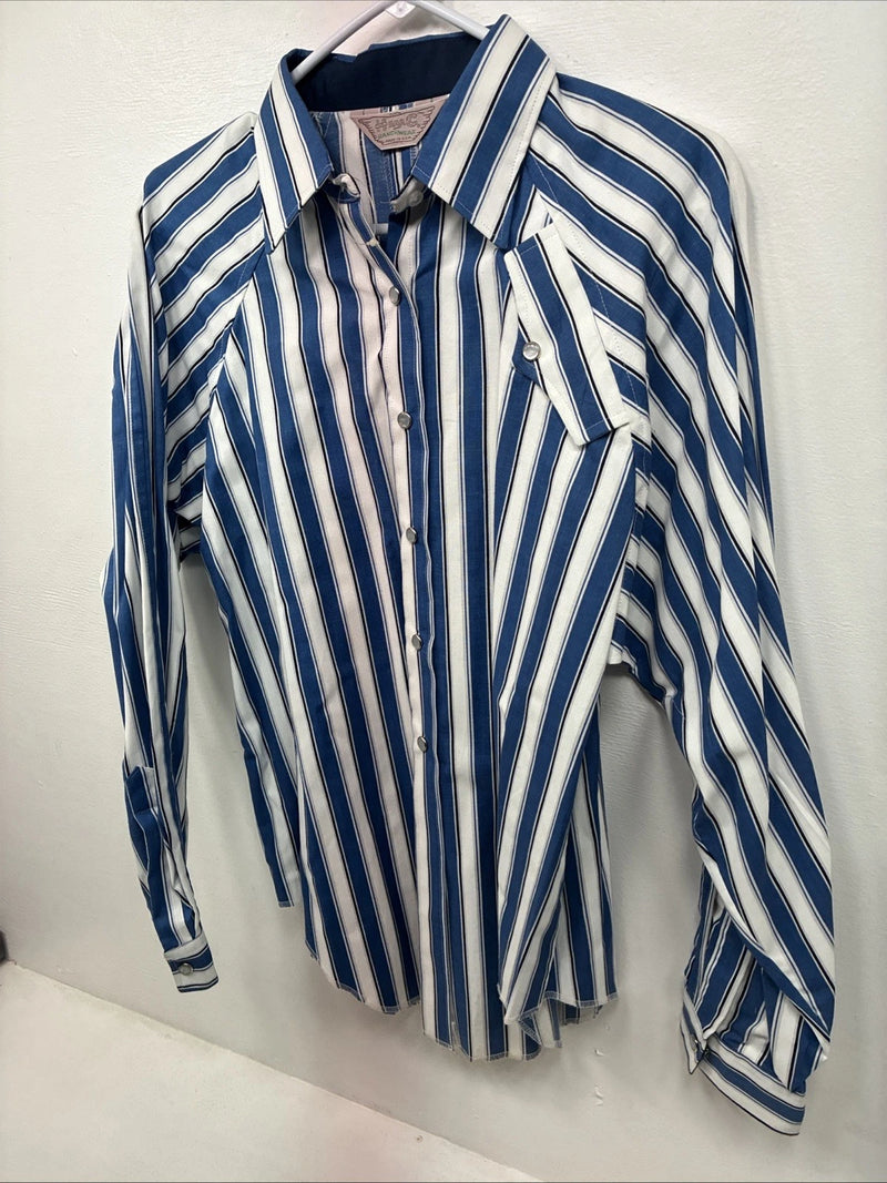 New Women’s H Bar C Blue Stripe Long Sleeve Pearl Snap Size 36 LL-57