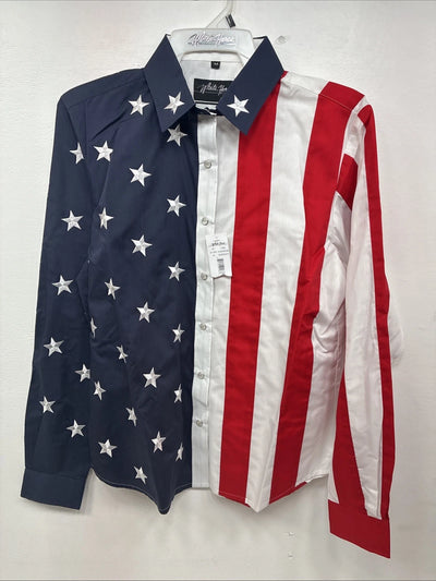 New Women’s White Horse Red White Blue Long Sleeve Pearl Snap Medium KK-16