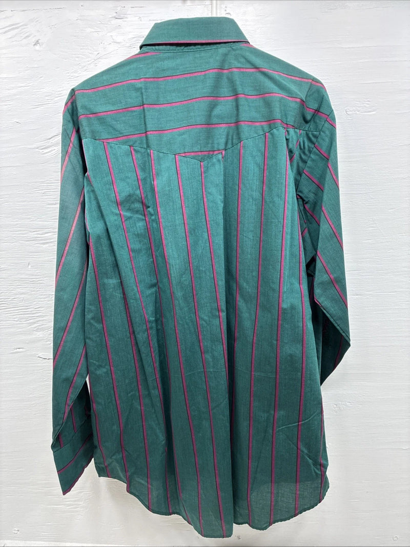 New Men’s ELY Cattleman Green Pink Strip Long Sleeve Pearl Snap 16 X 34 XL H-83