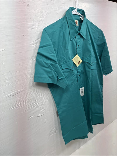 New Men’s ELY Cattleman Teal Short Sleeve Pearl Snap 16 Large X-63