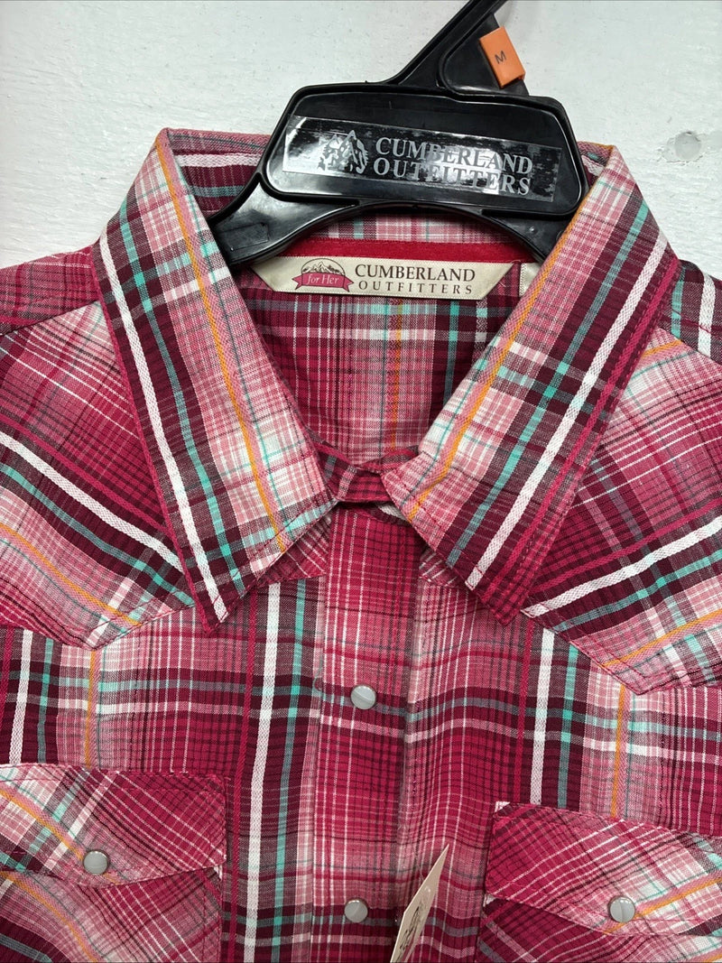 New Women’s Cumberland Pink Plaid Long Sleeve Pearl Snap Medium LL-66