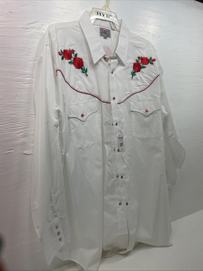 New Men’s ELY diamond White With Red Roses Long Sleeve Pearl Snap XXXL E-15