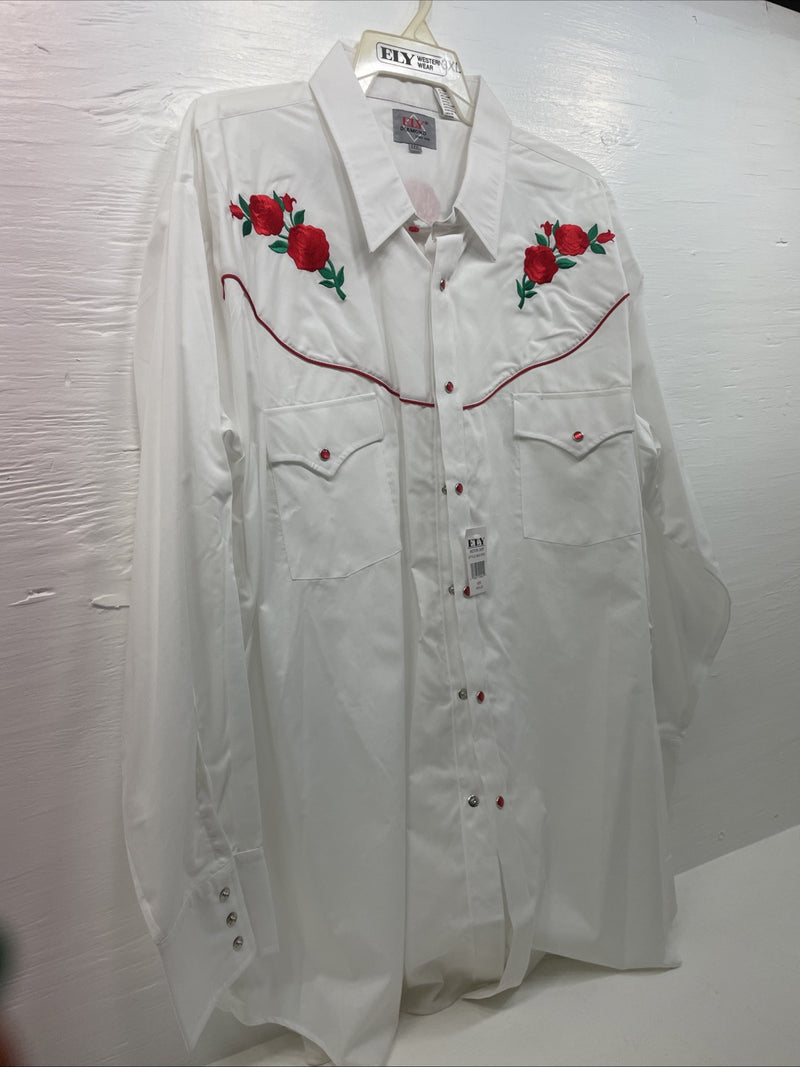 New Men’s ELY diamond White With Red Roses Long Sleeve Pearl Snap XXXL E-15