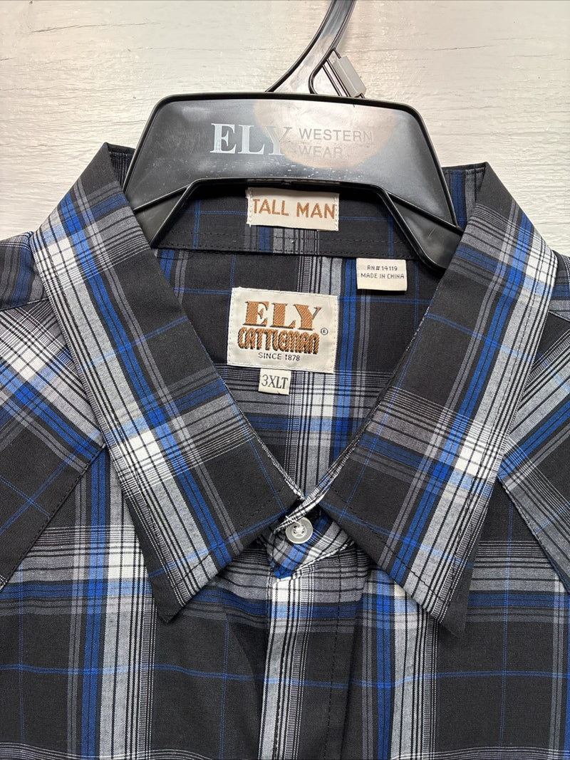 New Men’s ELY Cattleman Black Blue Long Sleeve Pearl Snap 3XL E-38