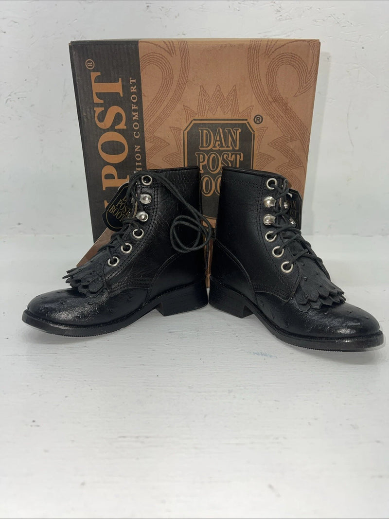 New Infant Black Ostrich Print Lace Up Dan Post Cowboy Boots. 6 D. 24-4
